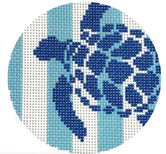 NTGts494 - Sea Turtle Stencil on Aqua Stripes Round