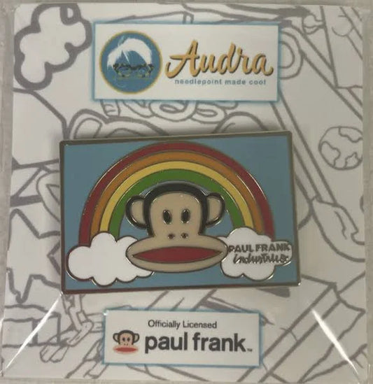 Paul Frank monkey pin with rainbow on a branded card