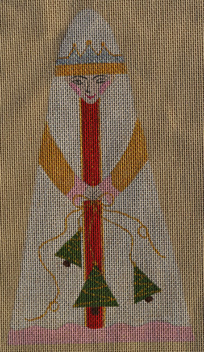 Embroidered design of a stylized face with a red mouth and yellow eyes on a beige fabric background.