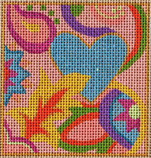 Colorful abstract design on a square canvas with a heart and floral elements.