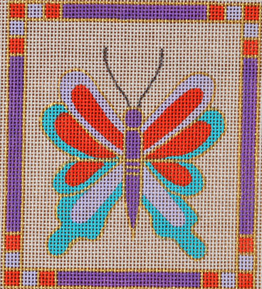 Colorful butterfly design on a fabric background with a geometric border