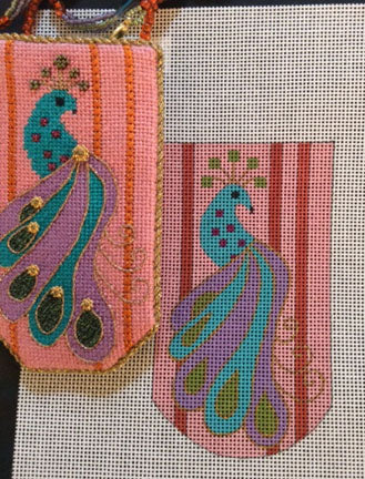 Embroidered design of peacocks on a pink background with vertical stripes.