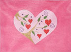 Heart-shaped design with flowers and leaves on a pink background
