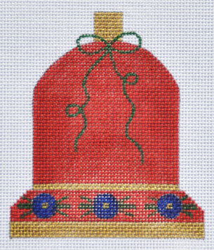 Decorative red bell with gold trim and green ribbon on a white background