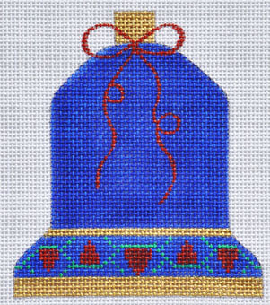 Decorative blue bell with red ribbon and heart patterns on a white background