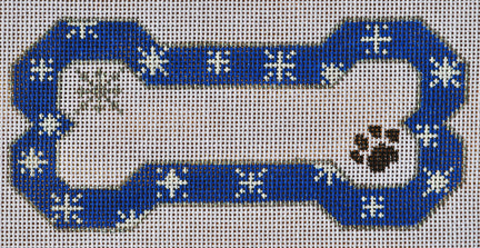 Decorative bone-shaped ornament with blue border and white snowflakes, featuring a paw print in the center.