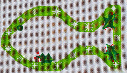 Cross-stitched design of a green fish with red flowers on a white background