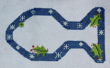 Cross-stitched design of a fish with green frogs on a light blue background