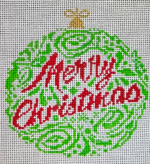 Cross-stitched design of a Christmas ornament with 'Merry Christmas' text.