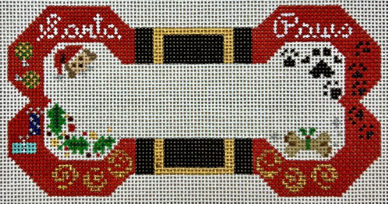 Decorative candy cane with Santa Paw design, featuring Christmas elements and text.