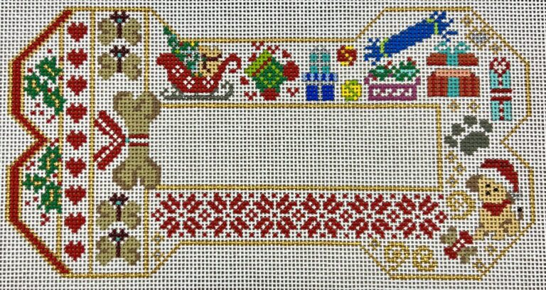 Decorative Christmas scene with teddy bears, presents, and a sleigh on a needlepoint canvas.