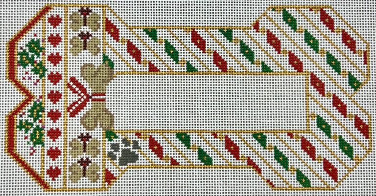 Decorative candy cane with teddy bear and holly design on a white background
