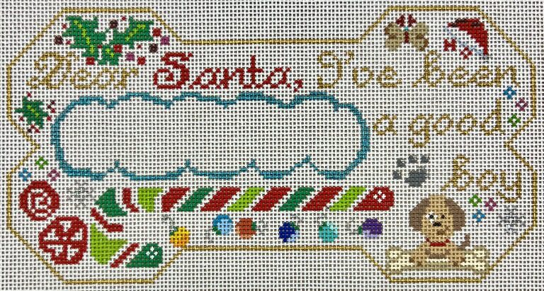 Decorative text with 'Dear Santa, I've been a good boy' surrounded by Christmas-themed elements.