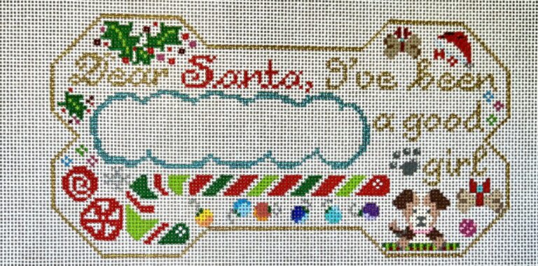 Decorative candy cane with 'Dear Santa, I've been a good girl' text and Christmas-themed elements.