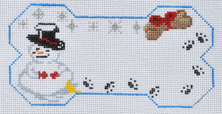 Cross-stitched design of a snowman with a carrot nose, black top hat, and red scarf on a white background.
