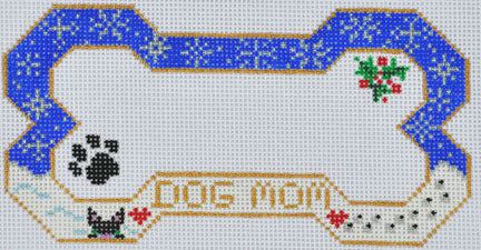 Cross-stitched design of a dog bone with 'Dog Mom' text and decorative elements.