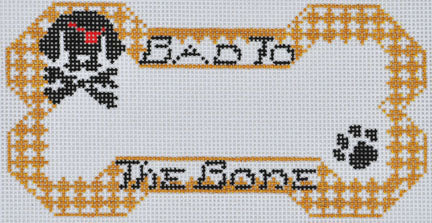Cross-stitched design of a dog bone with text 'Bad to the Bone' on a white background.