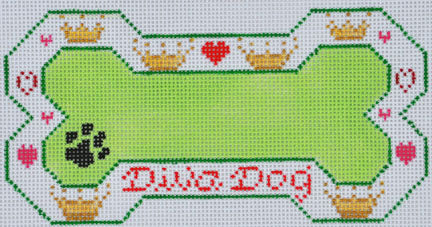 Cross-stitched design of a green bone with 'Diva Dog' text, surrounded by decorative elements.