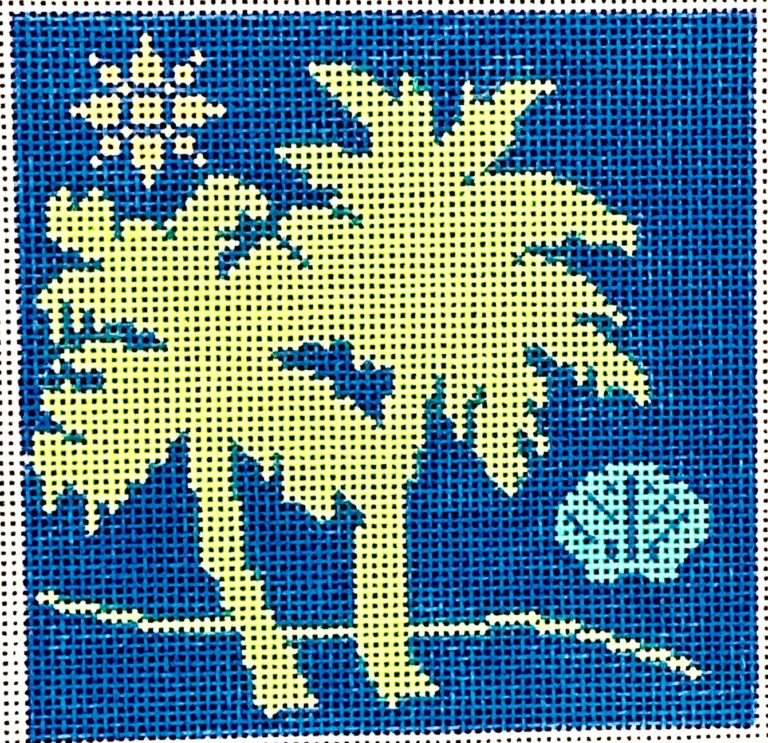 Decorative design with palm tree, butterflies, and flowers on a blue background