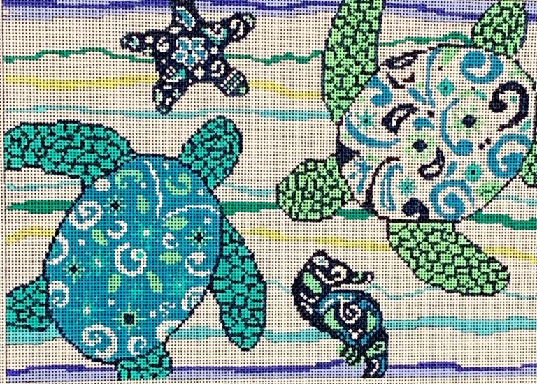 Patterned turtle design with blue and green colors on a striped background