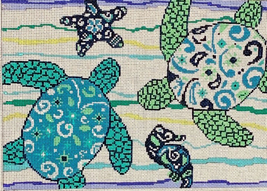 Patterned turtle design with blue and green colors on a striped background