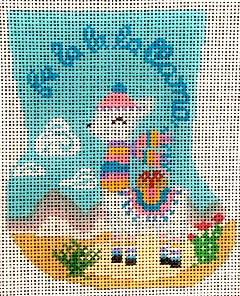 Cross-stitched design of a sailboat with a character on a blue background