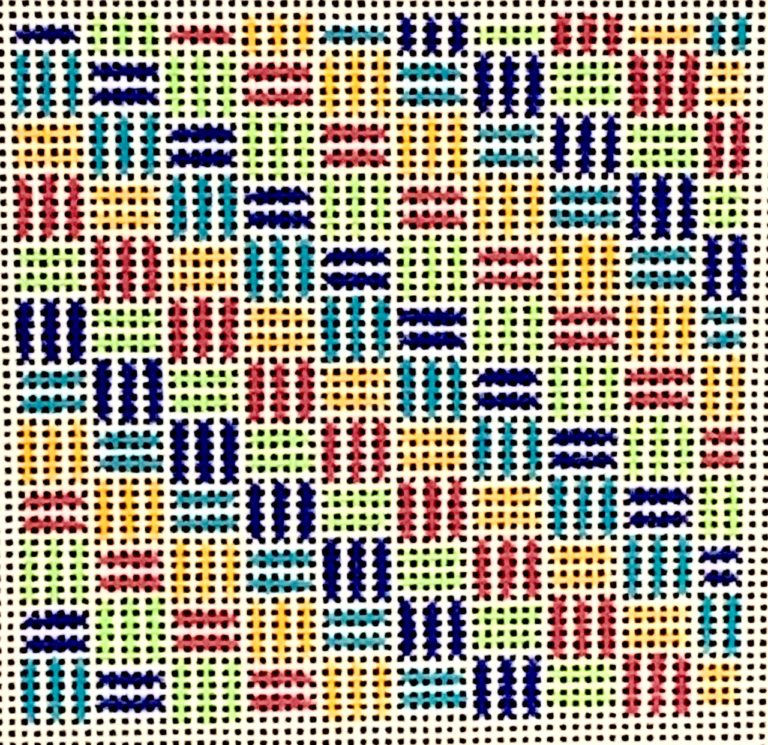 Colorful geometric pattern needlework on a white background