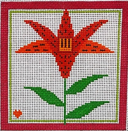 Cross-stitched red flower with green leaves on a white background