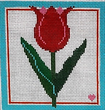 Red tulip with green leaves on a blue background