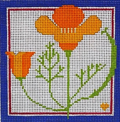 Decorative needlepoint of orange flowers with green stems on a blue background