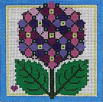 Cross-stitched design of a floral pattern with purple flowers and green leaves on a white background.