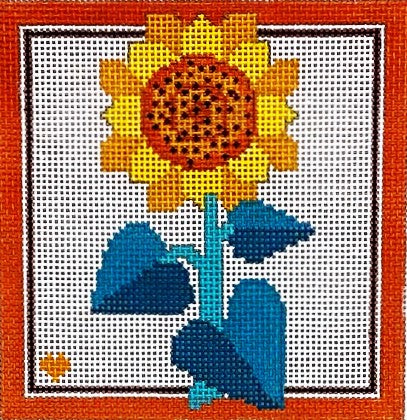 Cross-stitched sunflower on a white background with an orange border