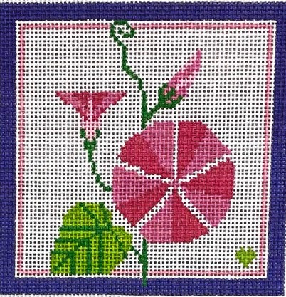 Stitched design of pink flowers and green leaves on a white background with a purple border.