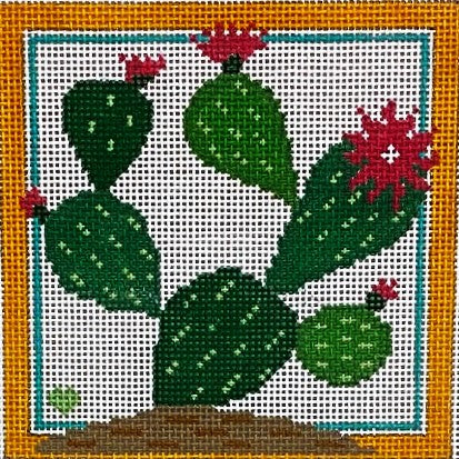 Embroidered design of a cactus with red flowers on a white background