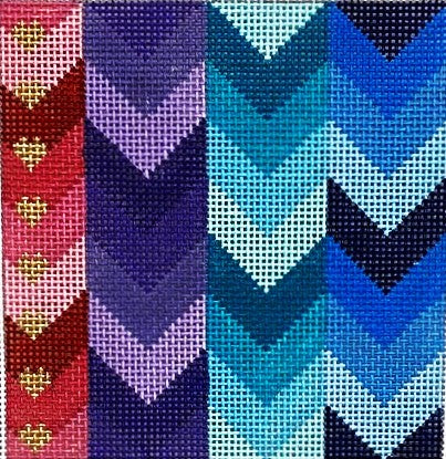Colorful patterned fabric with geometric shapes and heart designs.