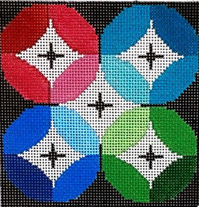 Colorful geometric pattern with interlocking shapes on a black background