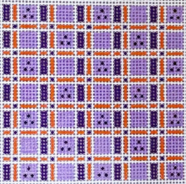 Pattern of purple and orange squares with black dots on a white background