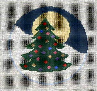 Decorative needlepoint of a Christmas tree with ornaments against a moonlit sky.