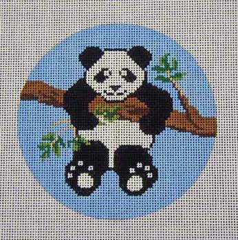 Panda bear on a branch with bamboo leaves in a blue circle