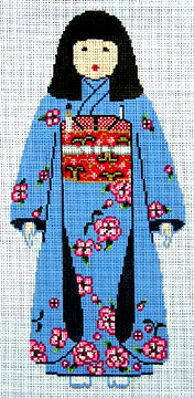 Cross-stitch pattern of a doll in a blue kimono with floral designs