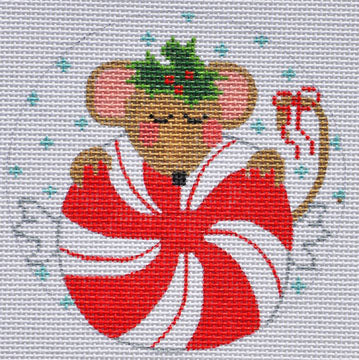 Embroidered mouse holding a candy cane with a Christmas hat