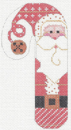 Cross-stitched design of a Santa Claus figure with a cookie on a white background