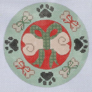 Circular design with a tree, flowers, and paw prints on a light green background