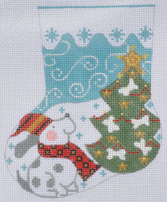 Cross-stitched design of a Christmas stocking with snowman, tree, and presents.