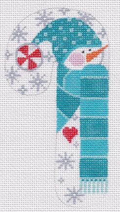 Cross-stitched design of a snowman in a teal hat and scarf with red hearts on a white background.