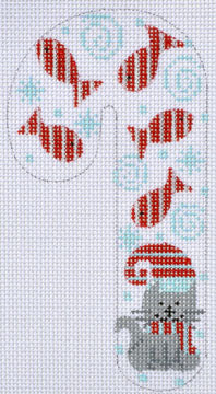 Cross-stitched design of a candy cane with red fish and a gray cat on a light blue background