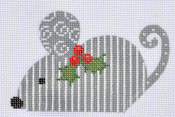 Cross-stitched design of a mouse with holly berries and leaves on a white background