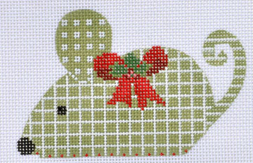 Cross-stitched mouse with a red bow on a white background Needlepoint Design