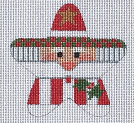 Cross-stitched design of a snowman with a star hat and striped scarf on a white background
