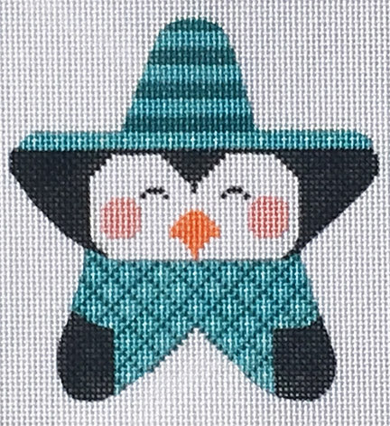Penguin with teal hat and scarf on a white background